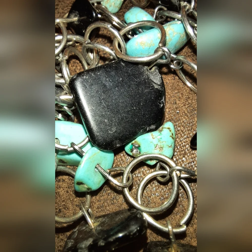 Turquoise and black genuine nugget multistrand necklace silvertone